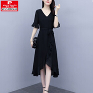 皮爾卡丹（pierre cardin）雪紡連衣裙子女裝夏裝2025年夏季新款法式顯瘦氣質(zhì)小黑裙針l織 黑色 L(建議100-115斤)