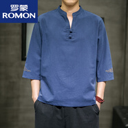 羅蒙（ROMON）亞麻t恤男夏季七分袖上衣中國風(fēng)男裝棉麻半截袖7分袖體恤 藏青色 XL
