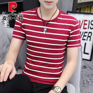 皮爾卡丹（pierre cardin）2025新款夏季黑白橫條紋男士短袖t恤V領(lǐng)純棉雞心領(lǐng)修身半截袖體恤 圓*領(lǐng)-酒紅色 【1件】 XL 適合【130-145斤】