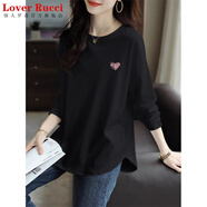 LOVER RUCCI歐貨黑色長(cháng)袖t恤女2025秋冬季寬松中長(cháng)款內搭加絨磨毛純棉打底衫 春秋黑色【小陰影愛(ài)心-右】 2XL