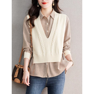燕潯氣質(zhì)減齡馬甲襯衫2025秋季新款女裝新品針織衫女拼接假兩件上衣 杏色 L