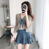 柯帛（KEBO）游泳衣女分體性感比基尼鋼托聚攏顯瘦遮小清新保守仙女范罩衫溫泉 灰藍色（四件套） XL（建議112-125斤）