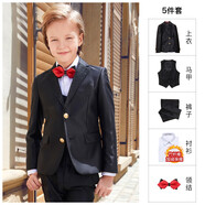 BOERSS男童禮服套裝兒童西服花童男主持人鋼琴演出表演服男童西裝套裝 黑色5件套：3件套+加絨襯衫+領結 100碼 身高90-100cm 重27-31斤