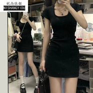 奈加圖甜辣妹黑色短袖連衣裙女夏季新款純欲小個子收腰修身顯瘦包臀短裙 黑色 M 建議80-95斤