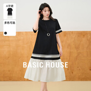 Basic House/百家好韓版撞色簡(jiǎn)約T恤裙夏季寬松顯瘦中長(cháng)款連衣裙 黑色 S