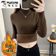 啄木鳥（TUCANO）秋冬加絨毛衣女加厚雙面一體絨內(nèi)搭半高領(lǐng)套頭打底針織衫保暖上衣 咖啡色【一體絨】 加厚 2XL 建議(135-150斤)
