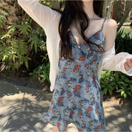 miss nitaly香港復(fù)古碎花V領(lǐng)吊帶裙子荷葉邊連衣裙女夏季新款高腰度假風(fēng)短裙防曬衫兩件披肩 藍(lán)色套裝 M90-98斤偏小一碼