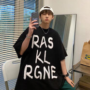 嗨森主義潮牌涂鴉印花純棉短袖T恤男生小眾設計感半袖ins潮流簡(jiǎn)約百搭上衣 黑色CL1434純棉多衣閣 5XL