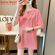 LOVER RUCCI歐貨大版遮臀長款白t恤中長款短袖女遮屁股寬松長t配鯊魚褲的上衣 236-142C粉色 L 適合110-125斤