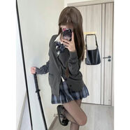 蘭威費雷校園風設計JK毛衣灰色四件套學院風系列套裝開衫純色針織衫 白襯衫+領結+岡梨田格裙+深灰外R S