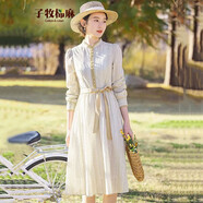 子牧棉麻春裝 女立領(lǐng)中長款百搭收腰長袖連衣裙1918 卡其色條紋 S(建議80-95斤)