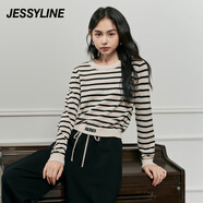 JESSYLINE杰茜萊條紋顯瘦減齡套頭針織衫女2024秋新款小個子毛衣 商場同款 黑間米 M/165