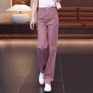 RAJKPOOR新品純棉牛仔褲女2025秋冬季加絨休閑窄版高腰顯瘦小個(gè)子直筒褲子 粉色長(cháng)褲《春秋款》 XL /29-建議116-125斤