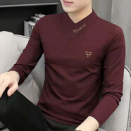 金盾（KIN DON）2025秋季新款男士大V領(lǐng)長袖T恤新款刺繡潮流款男裝打底衫批發(fā) 酒紅色 M