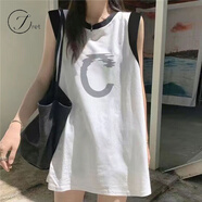 Jret吊帶坎肩圓領(lǐng)印花無(wú)袖背心女可外穿中長(zhǎng)款寬松顯瘦遮屁股ins上衣 拼接背心【灰色C】 2XL 建議140-160斤