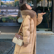 林羽森棉服女冬中長款過膝棉襖新款冬季加厚韓版寬松大毛領(lǐng)棉衣冬裝外套 卡其黃 M 推薦105-120斤