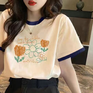 歐洛黛短袖t恤女2025夏季新款寬松百搭顯瘦時尚休閑體恤女上衣女士短袖 [奶油色] 太陽花 2XL