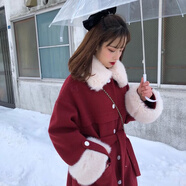 尚簡(jiǎn)紛 女裝夾棉加厚 新款毛毛領(lǐng)長(zhǎng)款紅色毛呢外套女冬赫本風(fēng)系帶收腰呢 酒紅色 XL 【130-160】