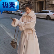 LANWEIFEILEI冬季紅色中長(zhǎng)款呢料外套女冬季新款加絨加厚毛絨高腰綁帶大衣 7895米白色 【加絨】 加厚 2XL 建議141-160斤