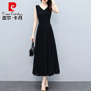 皮爾卡丹（pierre cardin）無袖V領(lǐng)收腰顯瘦A字雪紡連衣裙黑色打底背心長裙胖肥MM女秋夏 黑色 5XL 適合150-170斤