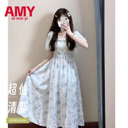 愛(ài)麥依法式長(cháng)裙收腰碎花仙女溫柔甜美氣質(zhì)小個(gè)子森系夏季初戀心里連衣裙 淺藍色//高質(zhì)量面 M 建議【95-105】斤