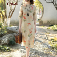 子牧棉麻夏裝 旗袍斜襟立領(lǐng)花邊百搭七分袖印花連衣裙2633 花色 L(建議115-130斤)