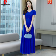 皮爾卡丹（pierre cardin）2024夏季新款連衣裙修身氣質(zhì)V領(lǐng)大擺雪紡沙灘連衣長裙針織 寶藍(lán)色 L