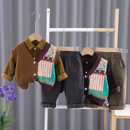圓圓米米童裝男童春裝套裝款春秋一歲寶寶衣服帥氣韓版洋氣小童毛衣三件套 8182燈芯絨拼接毛衣三件套咖色 100 碼適合90-95cm