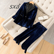 SXA香港潮牌金絲絨小西裝套裝女秋冬新款休閑西服氣質(zhì)職業(yè)兩件套 貴族藍【套裝】 L