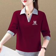 莎羽依長(zhǎng)袖t恤女翻領(lǐng)polo衫女2024秋季新款寬松百搭時(shí)尚洋氣外套女上衣 2210-酒紅色  XL  110-125