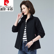 皮爾卡丹現(xiàn)貨薄款立領(lǐng)純棉外套春秋女士開(kāi)衫休閑夾克上衣媽媽外套短款風(fēng)衣 黑色 XL
