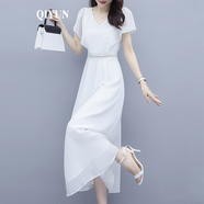QIYUN 雪紡連衣裙子女裝年新款夏天白色氣質(zhì)夏季短袖大擺長裙 白色 M