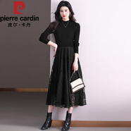 皮爾卡丹（pierre cardin）蕾絲長款羊|毛連衣裙秋裝新款女士針織毛|衣打底衫配大|衣蕾絲裙 黑色 半高領(lǐng) 3XL