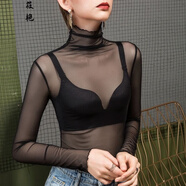 筱艷早春高領(lǐng)網(wǎng)紗打底衫女內搭洋氣紗衣黑色堆堆領(lǐng)蕾絲衫上衣 黑色 2XL 120斤到135斤