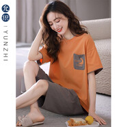 允織純棉睡衣女夏季短袖短褲套頭薄款七分褲夏天全棉女士家居服套裝 28773-麥橙 XL (170) ：建議120-140斤穿著(zhù)