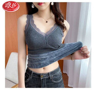 浪莎（LangSha）品牌保暖內(nèi)衣女V領(lǐng)上衣吊帶式背心蕾絲自帶胸墊內(nèi)搭修身打底衫冬 灰色 加大碼(130-155斤)