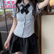 樂(lè )雅秀夏季新款jk制服女學(xué)院風(fēng)修身收腰上衣泡泡短袖襯衣半身蓬蓬短裙女 青灰色十字扣領(lǐng)結 M 90-105斤