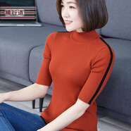橫行道2024新款女裝半高領(lǐng)中袖羊毛針織衫五分袖上衣半截袖黑色T恤 焦糖 M
