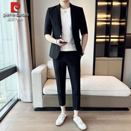 皮爾卡丹墨綠色韓版修身短中袖薄款休閑小西裝夏季七分袖西服套裝男士外套 黑色 西裝西褲 潮流 M 建議體重95-110斤