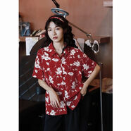 彌多紅紅色印花雪紡衫女復(fù)古港風(fēng)2022夏季碎花寬松顯瘦港味短袖襯衫上 紅色-版 L