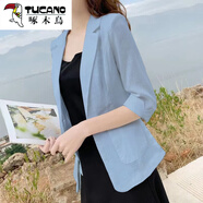 啄木鳥（TUCANO）亞麻小西裝女外套薄款2024夏大碼棉麻西服韓版防曬休閑英倫風(fēng)女 淺藍(lán)色 3XL