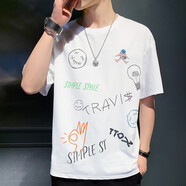 宇項夏季短袖T恤男韓版寬松圓領(lǐng)體恤學(xué)生印花字母男士上衣服潮流 燈泡短袖  白色 2XL