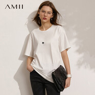 AMII夏新款短袖T恤女正肩設(shè)計(jì)感不規(guī)則褶皺開叉莫代爾上衣 米白12140485 150/76A/XS
