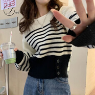 Jret秋冬2025新款洋氣時(shí)尚時(shí)髦長(cháng)袖打底針織衫條紋短款內搭收腰毛衣女 黑白條紋 M 90-105斤