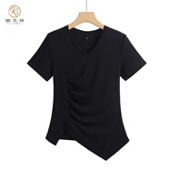 酷梵?。↘UFANXI） 歐洲站V領(lǐng)褶皺不規(guī)則下擺修身款彈性棉質(zhì)舒適貼身短袖女T恤棉 黑色 XXL