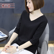 橫行道2024新款韓版七分袖女裝中長袖寬松休閑t恤外穿v領(lǐng)顯瘦打底衫女 黑色 2XL