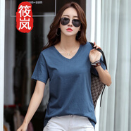 筱嵐丅恤女2023夏季新款簡約純色V領棉質(zhì)短袖t恤女寬松 藍色 3XL
