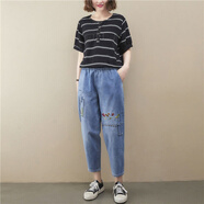 惠奴比2022夏季新款大碼女裝牛仔褲女寬松高腰顯瘦刺繡松緊腰 藍(lán)色6820【高品質(zhì)】 M 建議/95-105斤