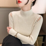 香影芬半高領(lǐng)打底衫女2025新款秋冬感釘珠露肩針織毛衣內搭修身上衣 杏色 S (建議95斤以?xún)?