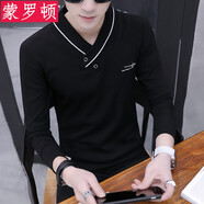 蒙羅頓男士長(zhǎng)袖t恤V領(lǐng)春秋季加絨加厚衛(wèi)衣服潮流韓版秋衣男裝修身打底衫 黑色 M